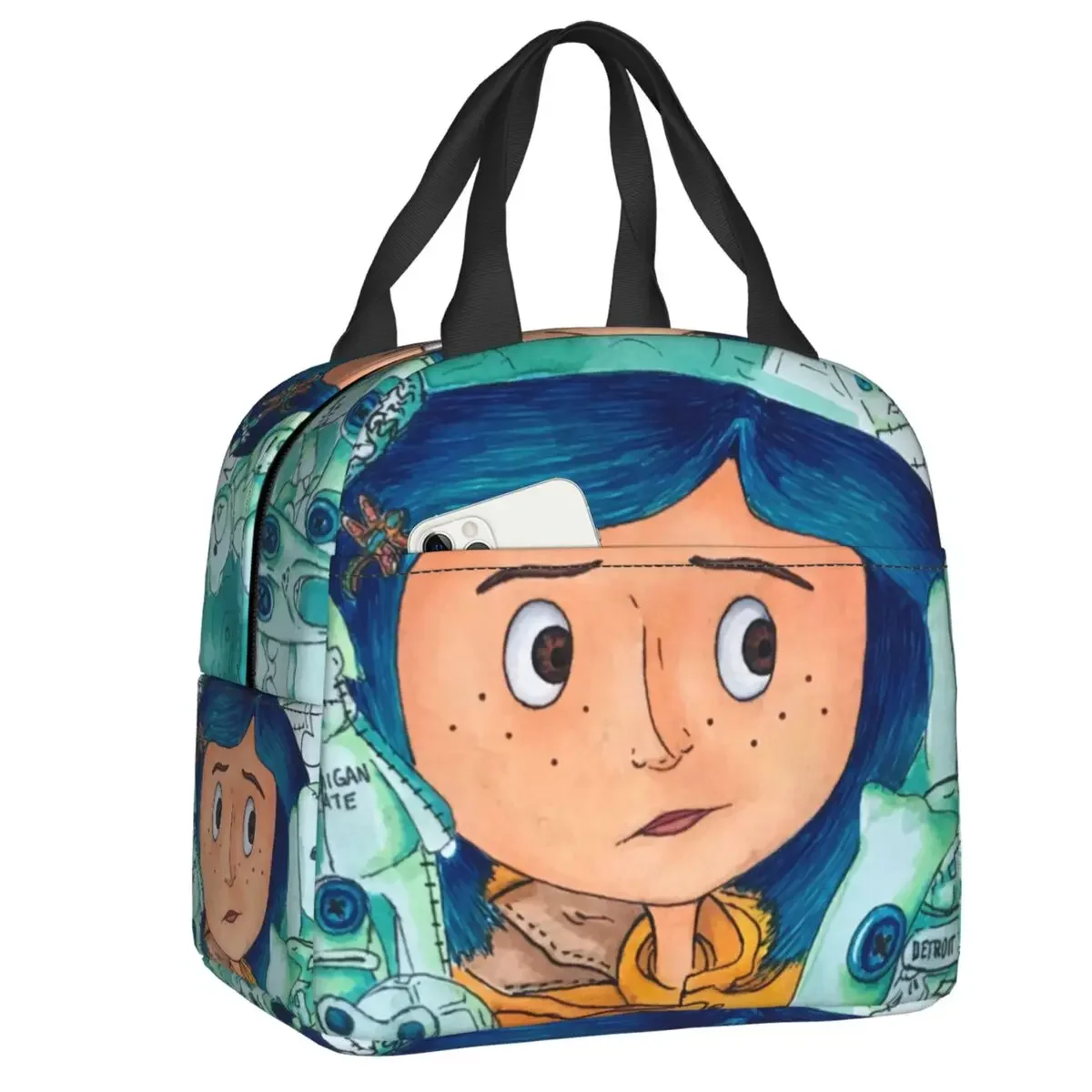 Tas makan siang Coraline Film Halloween kustom kotak makan siang terisolasi termal pendingin untuk anak-anak sekolah Tote makanan anak-anak