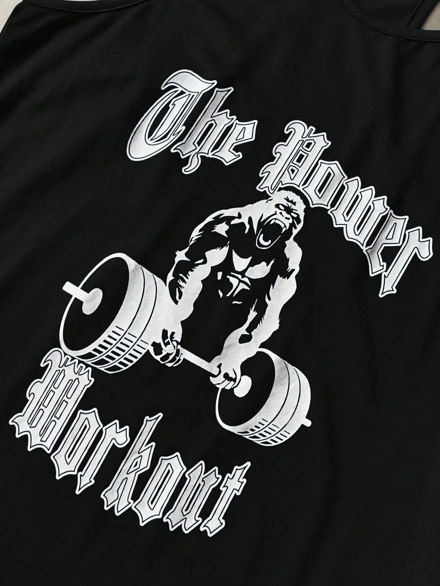 

Mens Sleeveless Tank Top Gym Workout Shirt Black Graphic Print Breathable Quick Dry