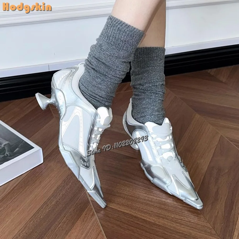 

Silver Pointed Patchwork Pumps Mesh Lace-up High-heeled Sports Shoes 2025 Summer New Women's Strange Style Heel Boxing Shoes