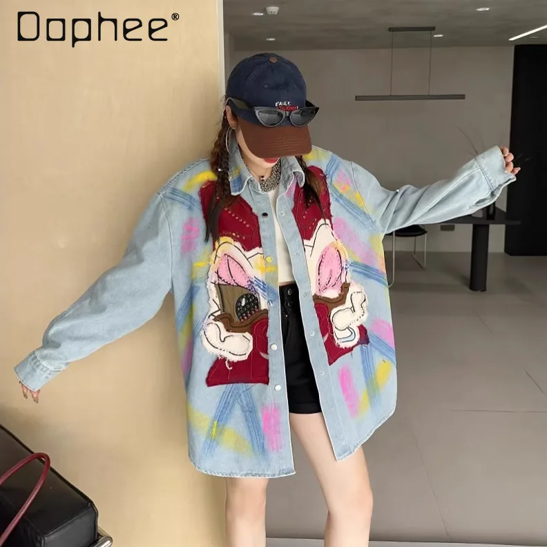 

2026 Spring New Trendy Brand Denim Jacket for Women Fashion Rhinestones High-end Cartoon Shirt Design Mid-length Retro Cardigan