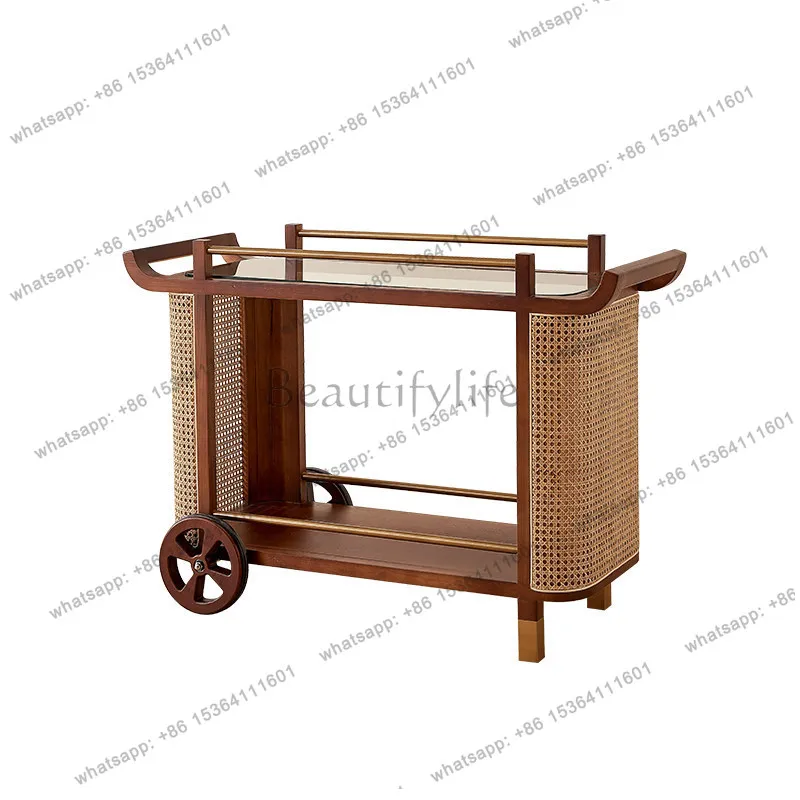 French rattan solid wood used small cart home log style creative tea cart