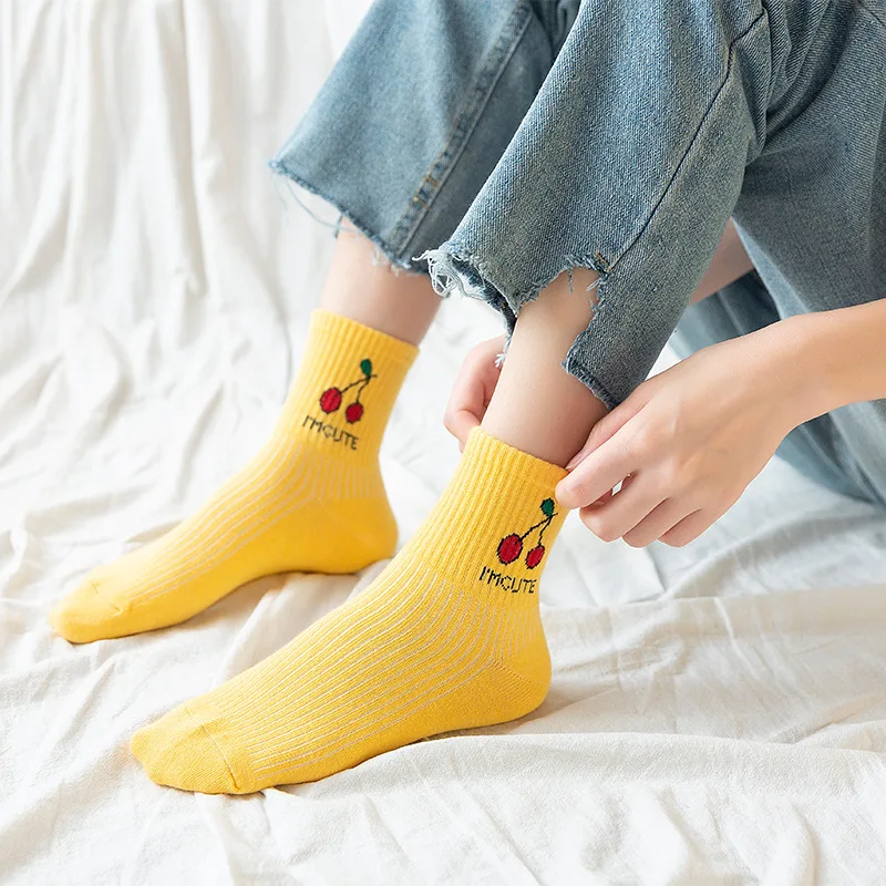 Summer Thin Womens Socks, Short Socks, Medium Tube Cotton, Japanese Cute Fruit Socks, College Style