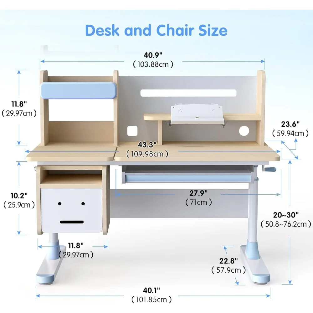 with Chair Drafting Table Computer Station Built-in Bookshelf Hutch Multi Function (Blue, Wood of Fir)