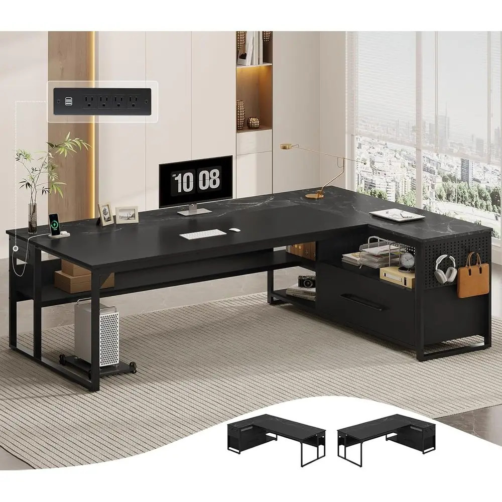 

Реверсивный L-образный офисный стол с широкими ящиками, розетками, полками для хранения и крючками (черный)