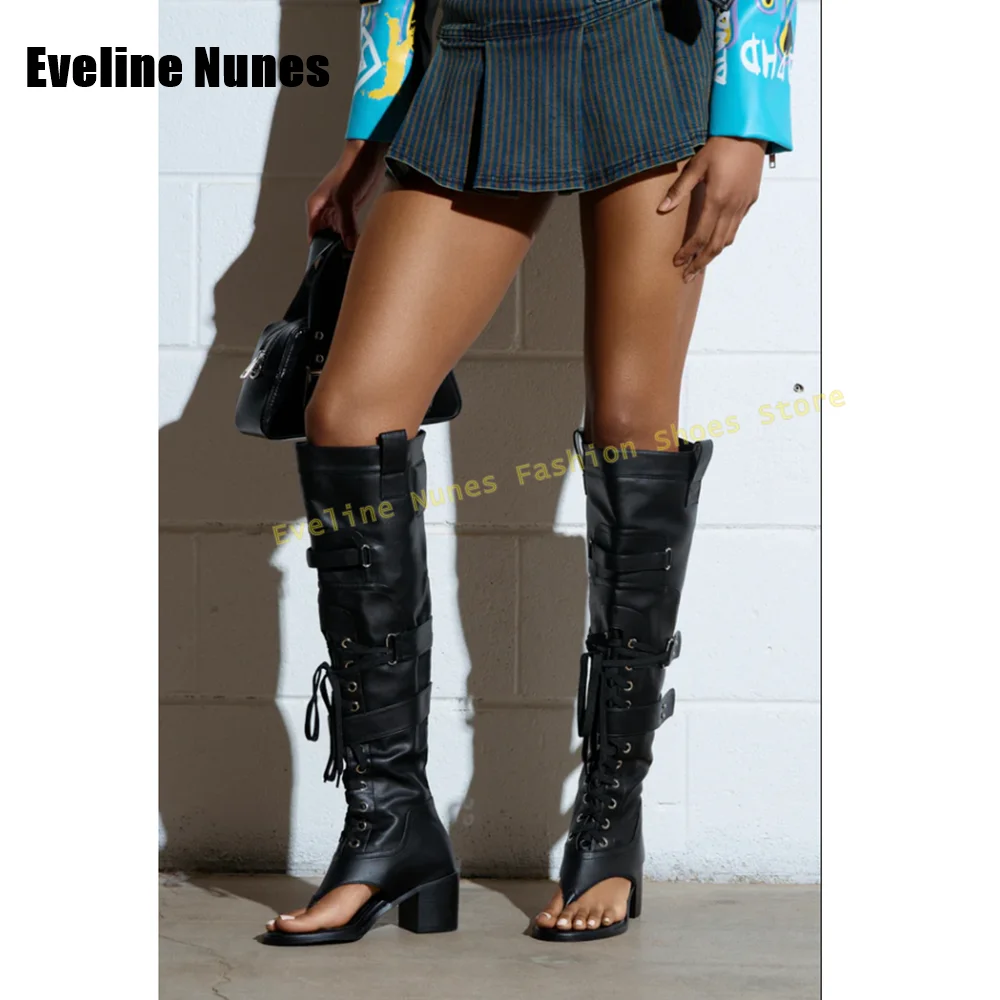 

Cross Tied Clip Toe Gladiator Belt Buckle Zipper Closure Chunky Heels Women Solid Fashion Knee High Boots 2025 Street Style Shoe