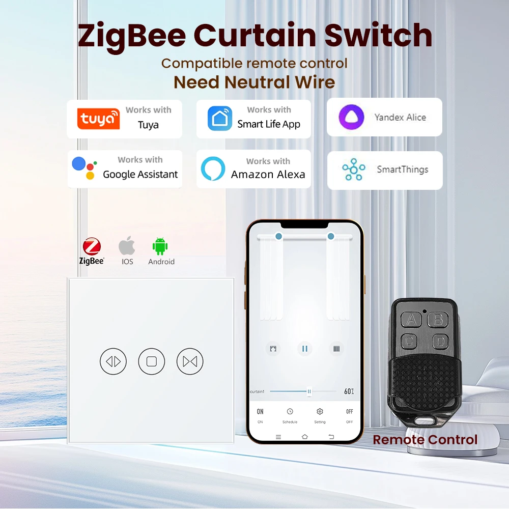 

Tuya Zigbee Curtain Switch Пульт дистанционного управления Сенсорный переключатель Голосовое управление Alexa Google Home Alice Умный переключатель Панель из закаленного стекла