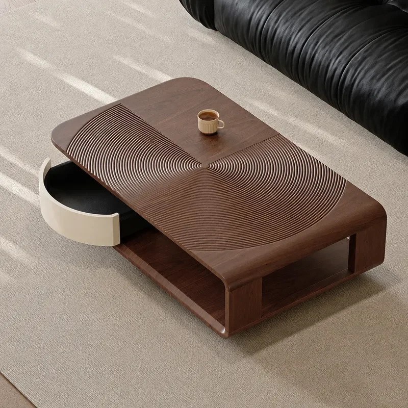 Simple Modern Rotatable Coffee Table with Drawer Storage Natural Walnut Leather High End Tea Table for Living Room