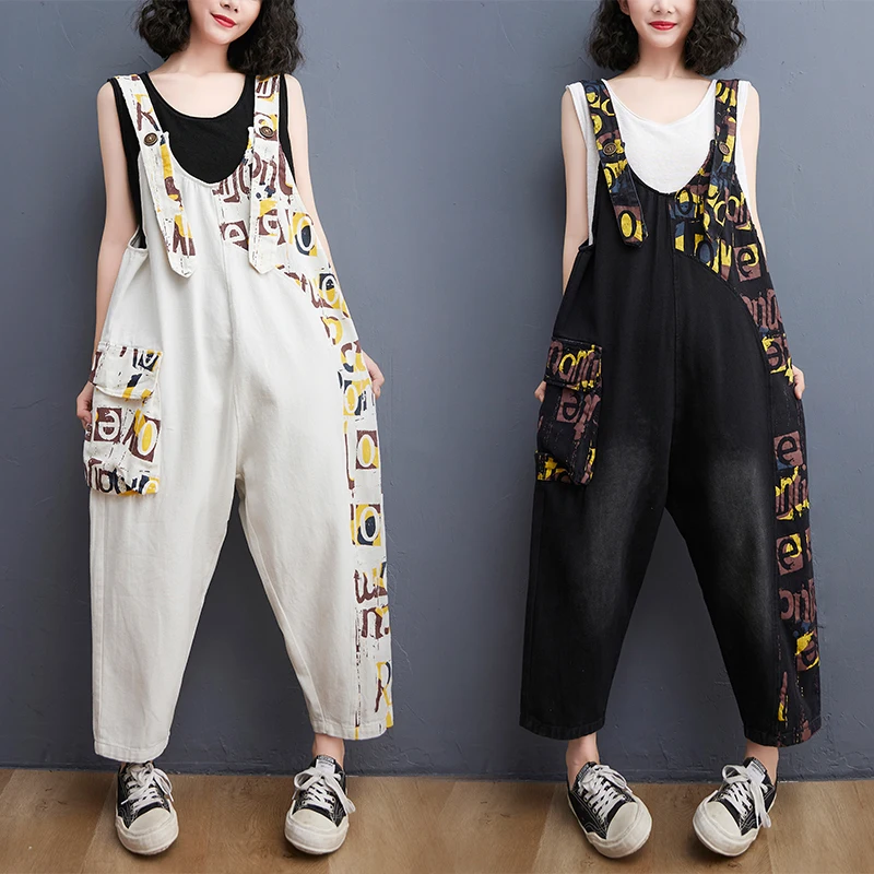 

plus Size Denim Overalls Summer Artistic Print Casual Harajuku Versatile Wide Leg Jeans Slimming Effect Long Pants Deep Color