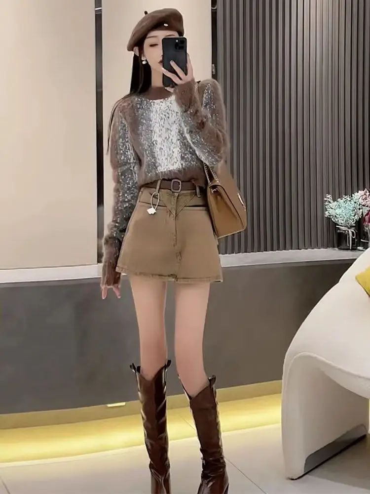 Korean Fashion Furry Contrast Color Sweater for Women 2023 New Autumn Winter Short Knitted Top Elegant Oversized  Pullovers