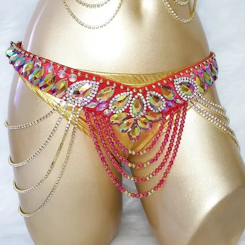 Red Carnival Costume Women Samba Outfit Sexy Belly Dance Wear Beads Bra Waist Belt Professional Stage Performance Wear 2024