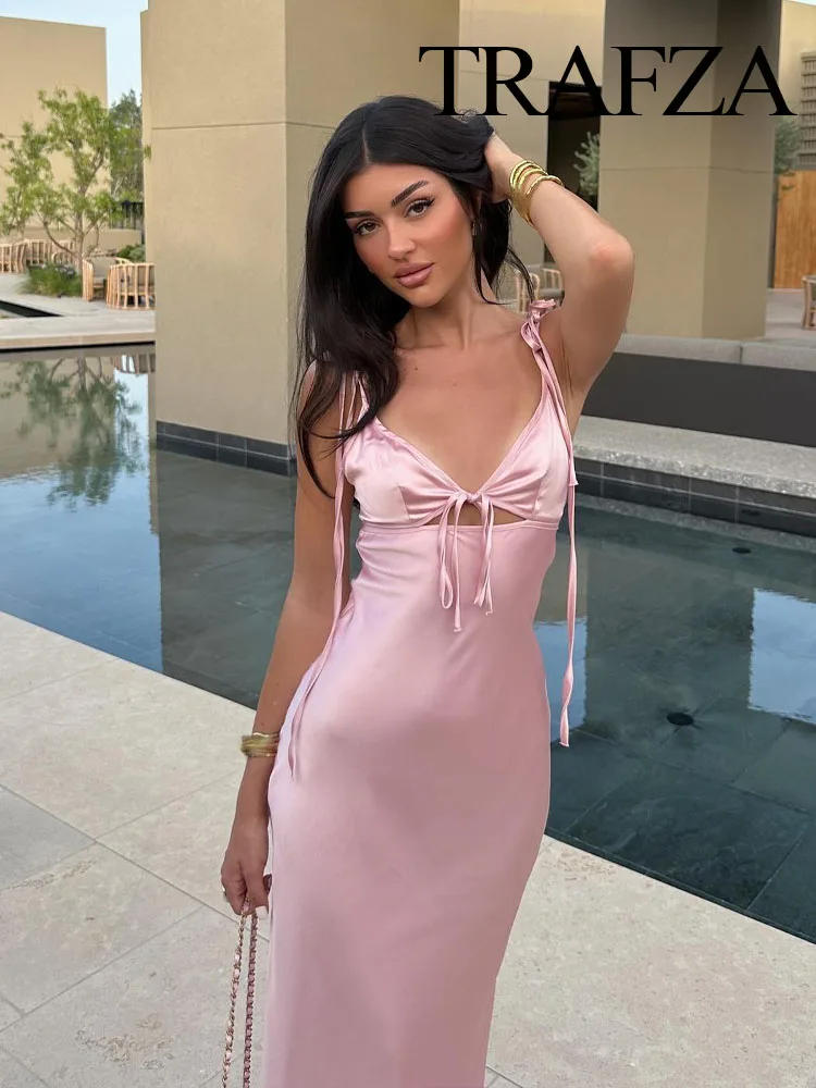 TRAFZA Sexy Hollow Backless Dresses For Women 2024 Solid Pink Sleeveless Silk Satin V-Neck Hollow Backless Elegant Dress TRAF