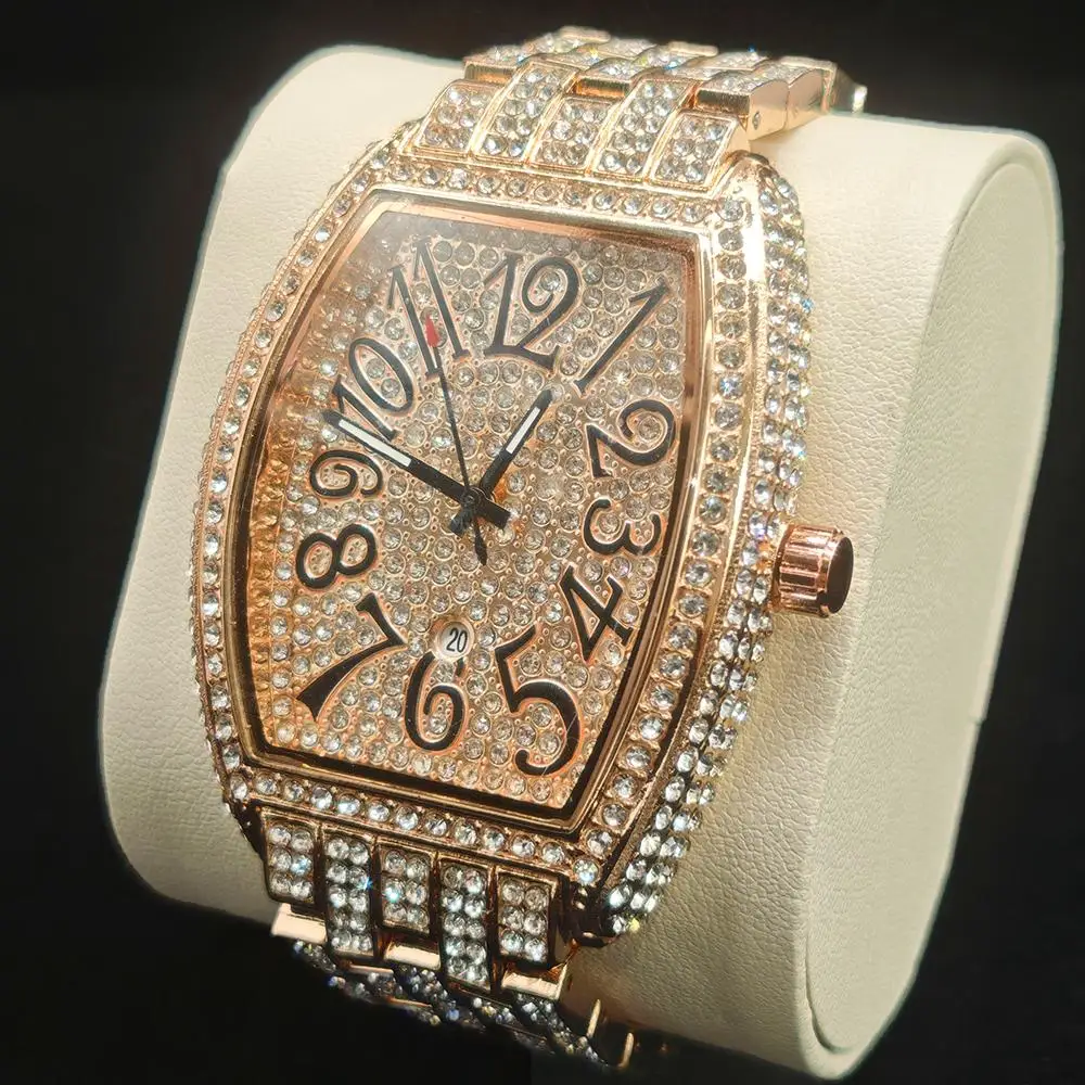 

Hot Luxury Ice Watch for Men Brand UNIGUET Fashion Jewelry Quart Watch Male Hip Hop Full Diamond Bling Tonneau Wristwatch Reloj