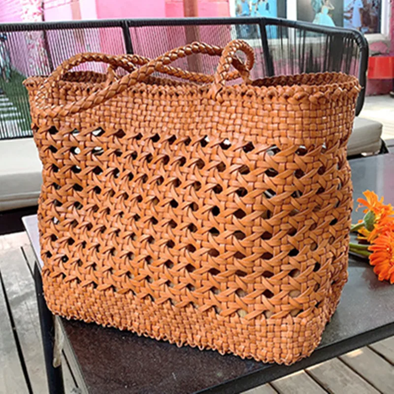 100% Genuine Leather Hollowed Hand Woven Shoulder Bag with Casual Woven Inside Bag Vintage Big Bag Shopping Bag Cowhide Tote Bag