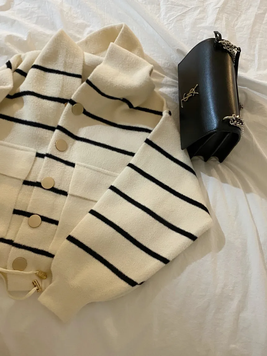 Loose Women's Knitted Cardigan Coat with Big Pockets Striped Splicing Drawstring Hem Single Buttoned Open Front Sweater
