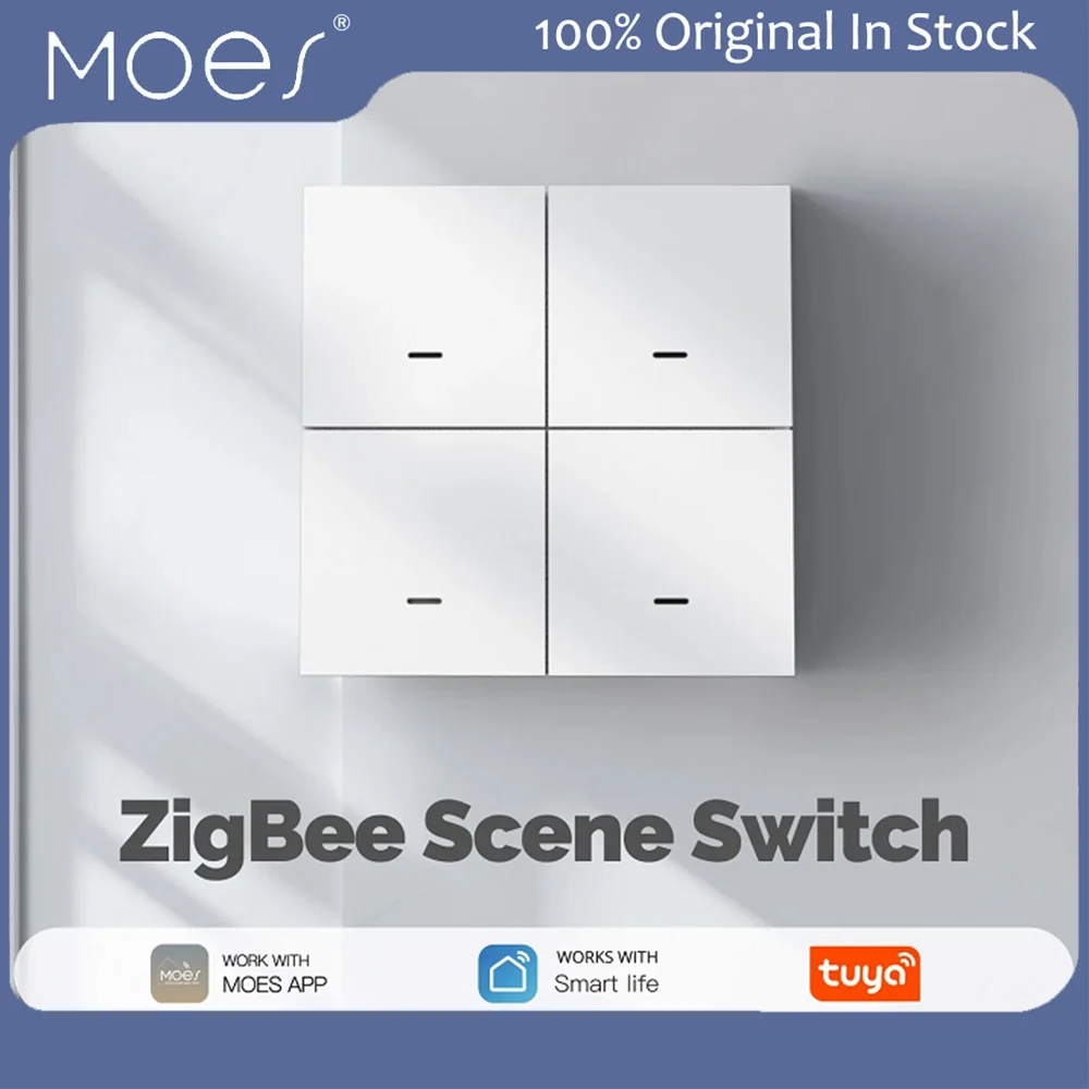 Moes Smart Wireless Scene Switch Zigbee 4 Gang APP Remote Control Support 12 Scenes Available Easy Install Work Tuya Moes APP