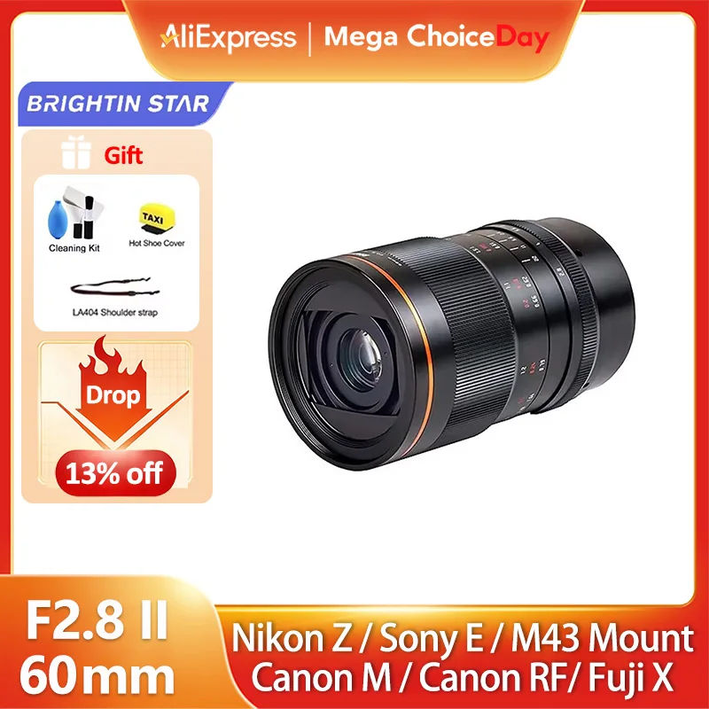 Brightin Star 60 مللي متر F2.8 II إطار كامل 2X ماكرو التكبير دليل التركيز عدسة الكاميرا لكانون RF EOS نيكون Z fujifilm XF M 43