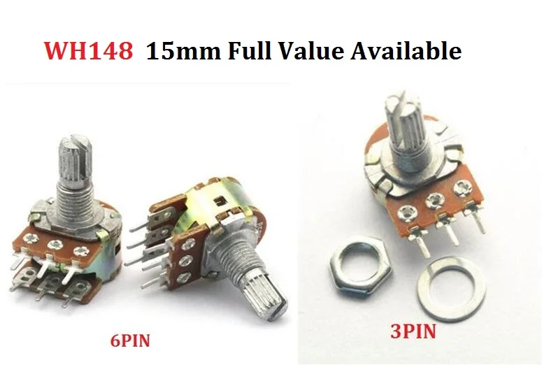 5PC WH148 B1K B2K B5K B10K B20K B50K B100K B250K B500K B1M 3핀 6핀 15mm 샤프트 앰프 듀얼 스테레오 포텐시오미터 1K 2K 5K 10K