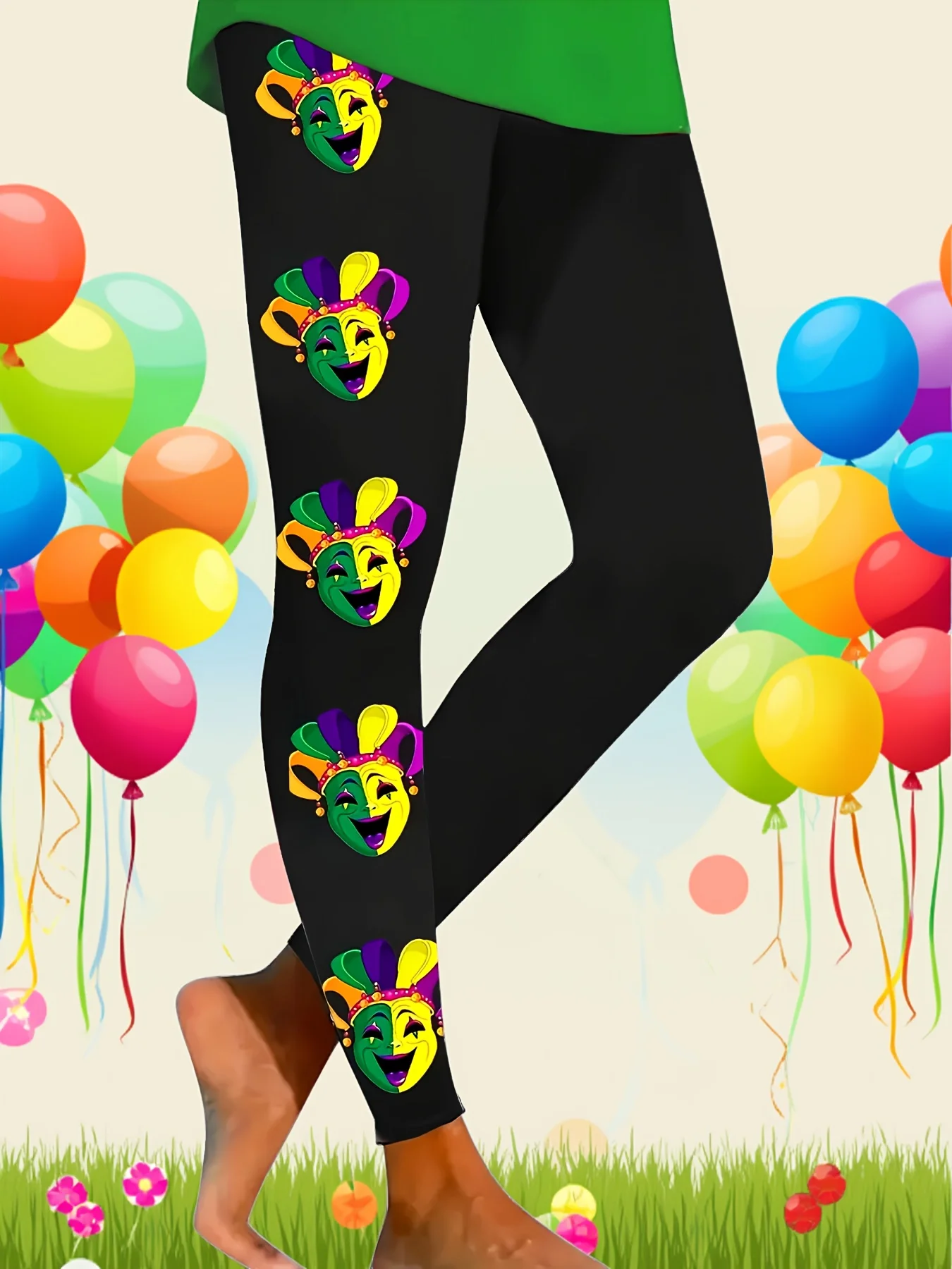 Women Mid‑Rise Fleece Lined Leggings Mardi Gras Joker Mask Print Warm Elastic Festival Casual Long Pants