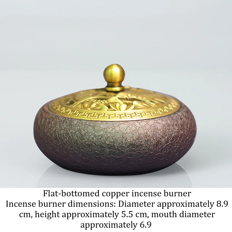 Chinese Exquisite Brass Three-legged Flat-bottomed Relief Sculpture Incense Burner with Lid Household Tea Ceremony Accessories