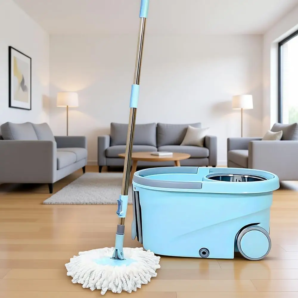 

360° Self-Wringing Mop & Bucket Set with Wheels, Stainless Steel Handle, Suitable for Various Floor Types - Includes 2 Washable