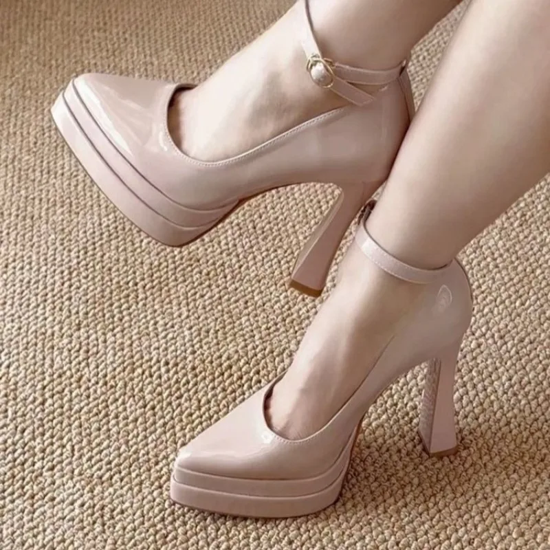 New Patent Leather One-Line Platform Mary Jane Shoes New Super High Heel Non-Tired Feet Block Heel High Heels