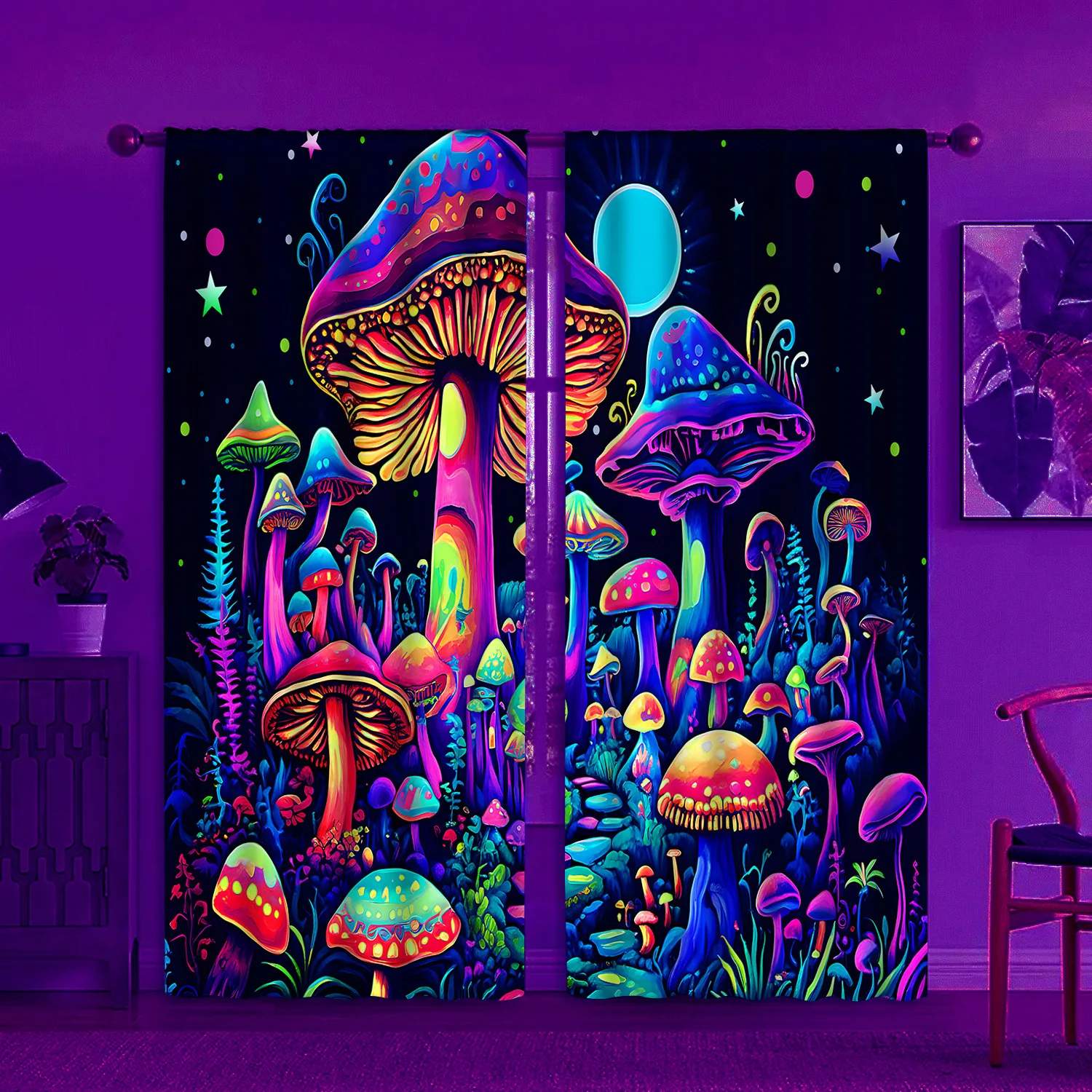 Psychedelic Mushroom Forest Curtains, Fantasy Neon Mushroom Print Window Drapes for Bedroom Living Room, Surreal Art Home Decor