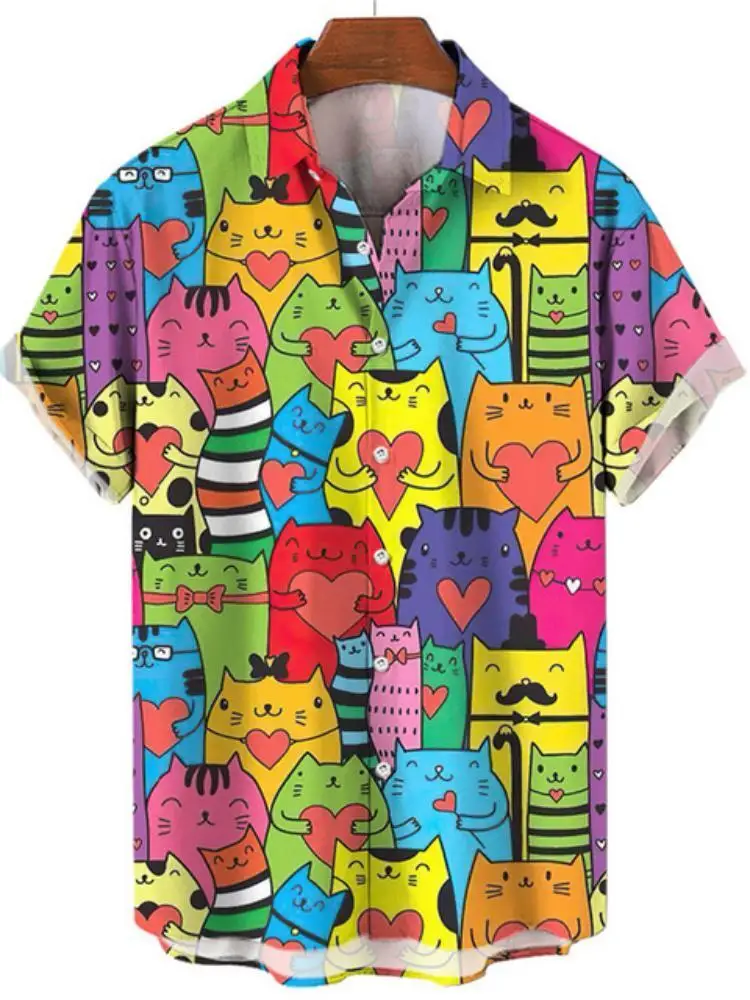 Camisa hawaiana de gran tamaño para hombre, estampado Floral de dibujos animados, gato, pájaro, ropa de Graffiti Social, Harajuku Vintage, nuevo