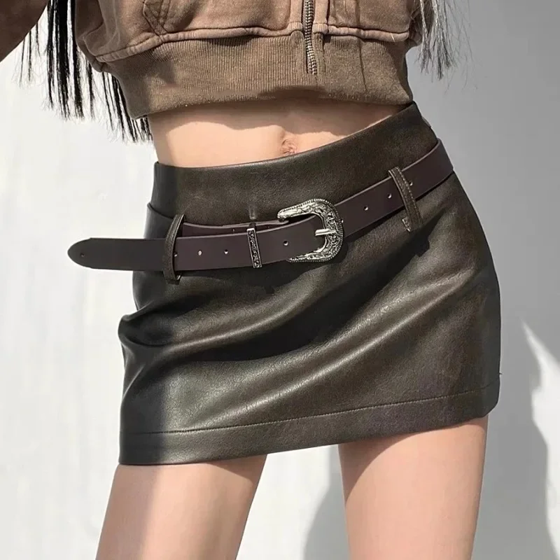 

Leather Autumn and Winter Women's Skirt Elastic High Waist Vintage Maillard Brown Pu