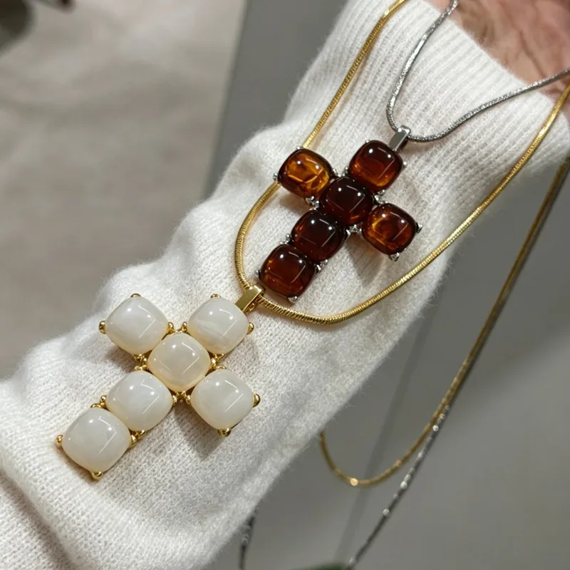 Statement Big Resin Cross Long Necklace Pendants For Women Personality New Baroque Style Sweater Chain