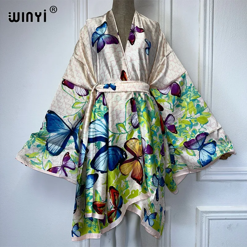 

WINYI kimono with belt boho print cardigan Women elegant Maxi sexy beach wear Cover Up africa clothing party dresses abaya
