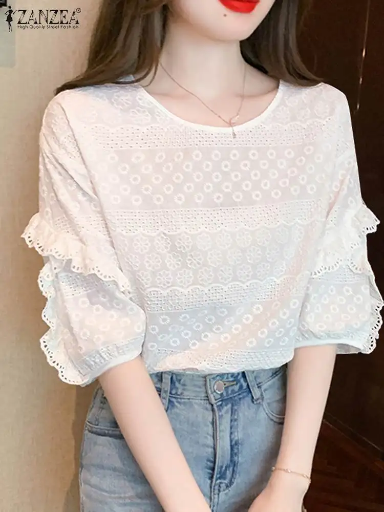 

ZANZEA Korean Fashion 3/4 Puff Sleeve Blouses Women Elegant Hollow Out Embroidery Ruffled Trim Blusas Summer 2024 Solid Tops