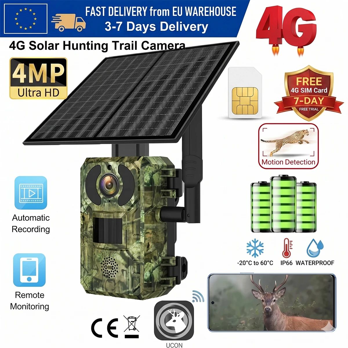 4G Solar-Wildkamera 4MP Jagdkamera Kostenlose SIM-Karte Testversion EU-Lager Schnelle Lieferung UCON Drahtlose Außenüberwachung IP66