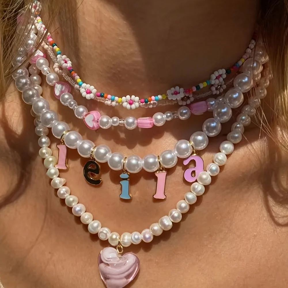 Custom Pearls Chain Initials Name Necklace Colorful Letters Rainbow Nameplate Necklace Women Jewelry(Letter Color Is Random)