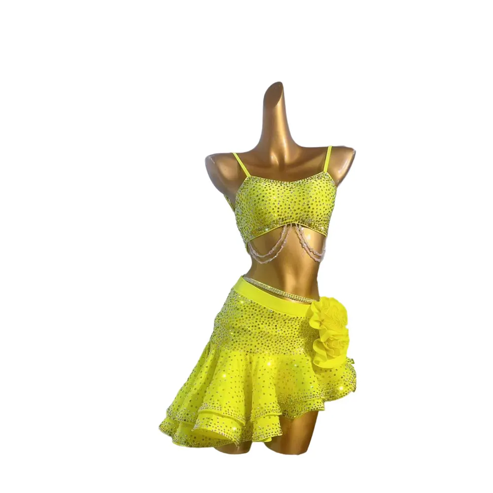 Vêtements de scène de pratique de danse latine pour femmes, haut de gamme, personnalisé, fleur jaune, double couche, jupe, samba, biscuits, robe