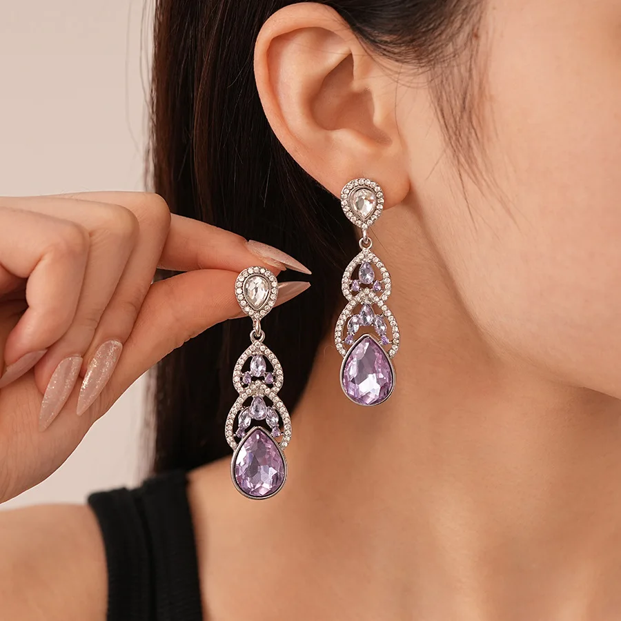 Super flash light luxury style diamond-set oval water drop silver needle earrings French court style temperament high-end niche