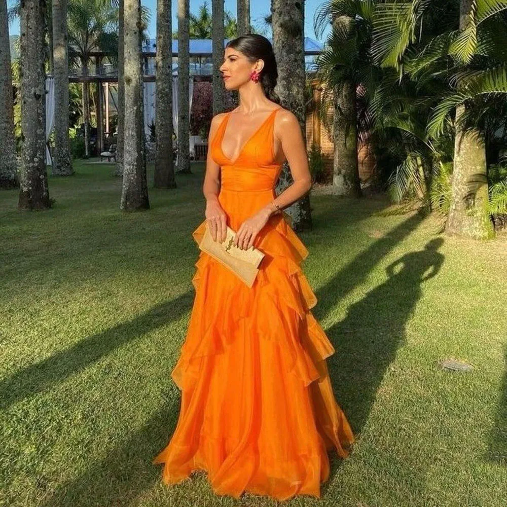 Orange Evening Dresses Women V Neck Sleeveless Banquet Celebrity Spaghetti Strap Tiered Pleat Floor Length Female Gowns Classic