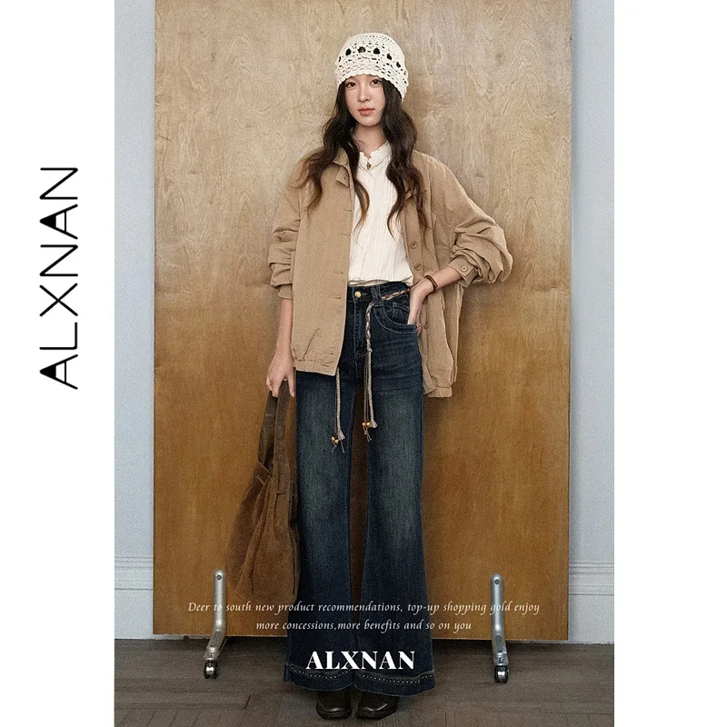 ALXNAN High Waist Blue Jeans Straight Fit With Decorative Belt Flared Long Trousers Vintage Elegant Slim-fit Women Bottom L67710
