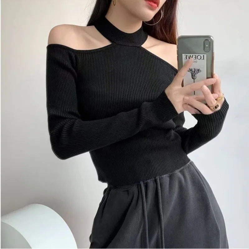 2023 New Women T Shirt Long Sleeve Shoulder Bare Dropped Sleeve Crop Top 2023 Bottoming Knitted T-shirts Slim Fitness Clothing