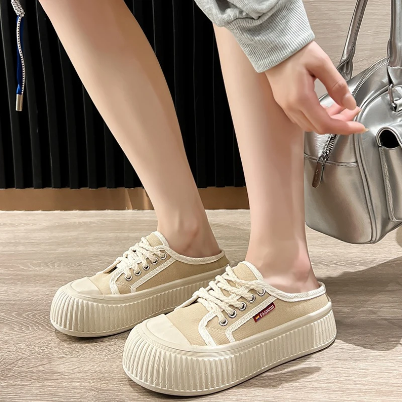 Women's Casual Sneakers Lace-up Outdoor Casual Shoes Breathable Half Slippers Fashion Women Vulcanized Shoes Comfortable Zapatos