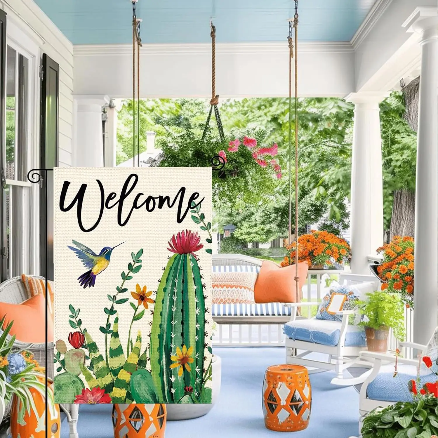 Summer Cactus Floral Welcome Garden Flag 12 x 18 Inch Double Sided, Hummingbird Desert Plant Farmhouse Burlap Small Yard Fla SSL