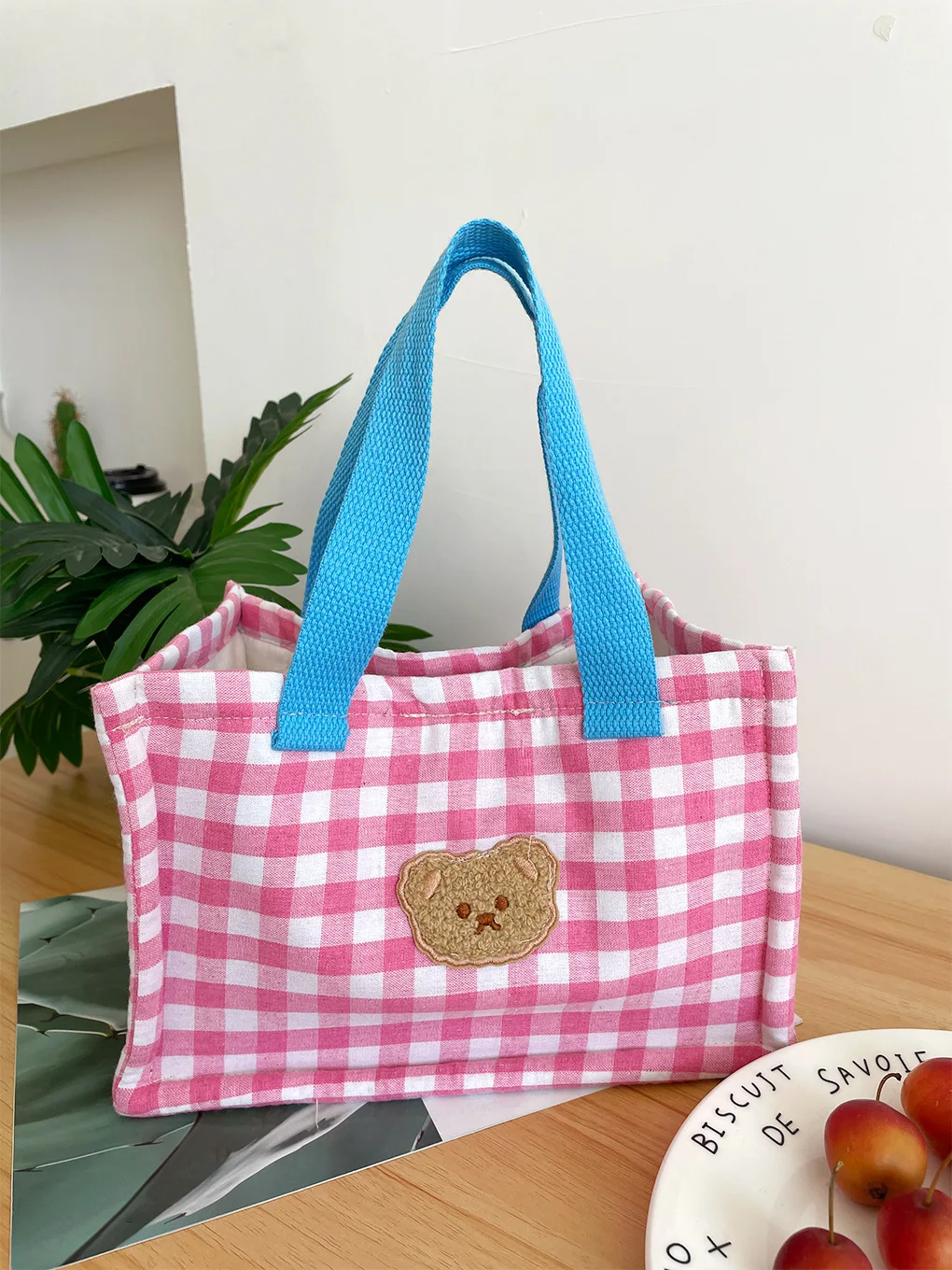 1 Piece Cute Lunch Bag for Girl Cartoon Bear Colorful Checkered Food Bag for Kids Sweet Portable Thicken Snack Storage Bag