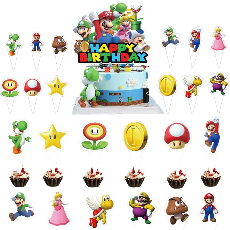 Super Mario Bros Cake Topper Cartoon Happy Birthday Cake Decor Party Supplies for Kids Boy Cute Birthday Baby Shower Decoration