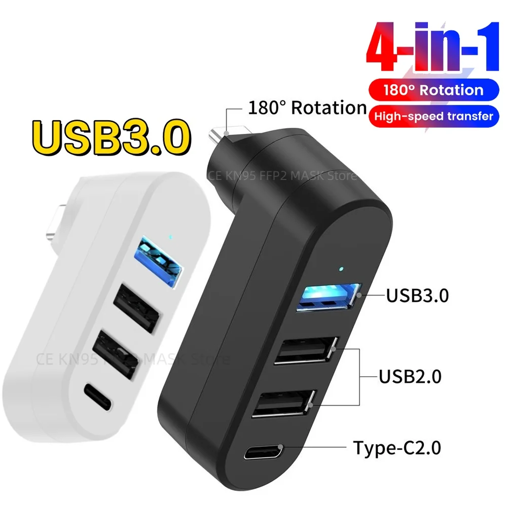 USB 3.0 Power Adapter 180° Rotatable 4 Ports USB 3.0 2.0 Hub Type C Hub High Speed Data Transfer Docking Station For PC Laptop
