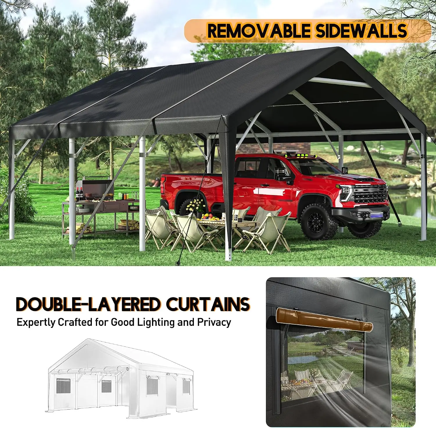 20x20 FT Carport for 2 Car Portable Garage Cover Backyard and Patio | Heavy-duty Metal Shelter, Drive-Through Doors,Custom