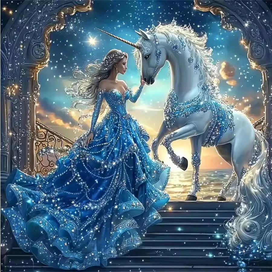Embroidery Unicorn - Blue dress princess and Unicorn Diamond