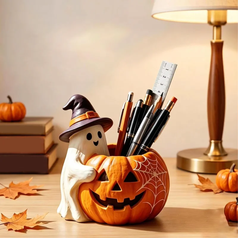 Halloween Resin Pumpkin Ghost Figurine Pen Holder Succulent Planter Desktop Creative Decor Ornament For Shelf Office Gift