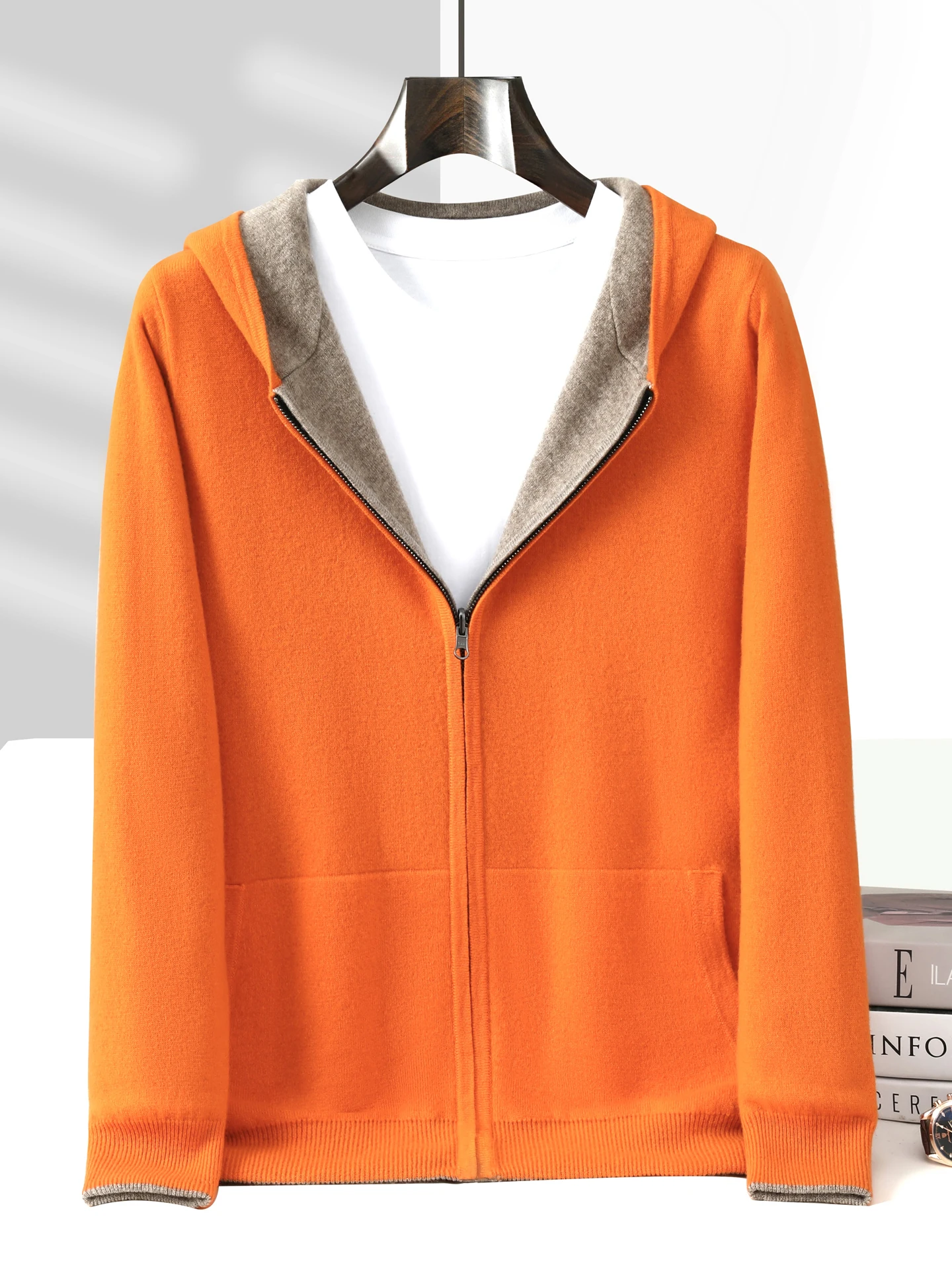 New Men's 100% Merino Wool Cardigan Sweater Hooded Zipper Pocket Reversible Versatile Autumn Winter Knitwear Long Sleeve Jacket