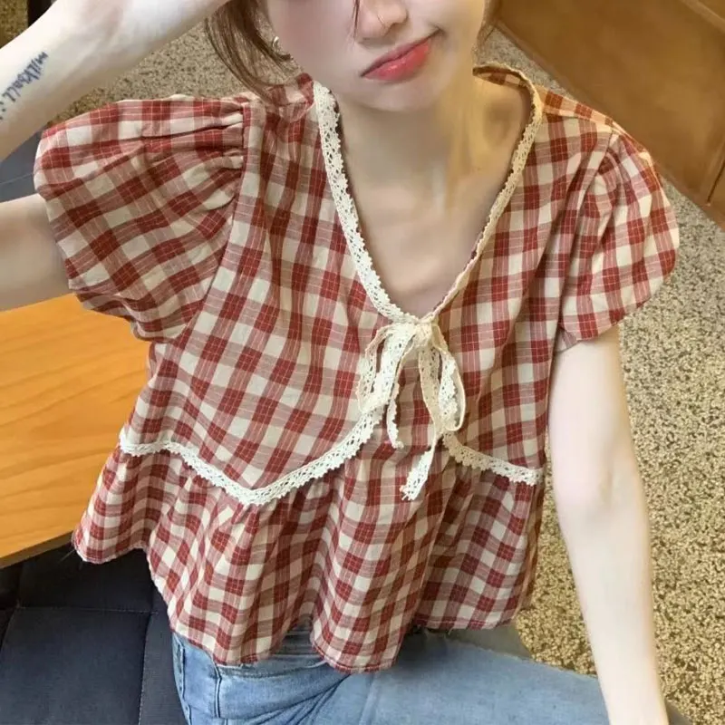 Stylish Lace Spliced Vintage Plaid Shirt Summer Short Sleeve Casual V-Neck Female Clothing Korean Sweet Drawstring Bow Blouse