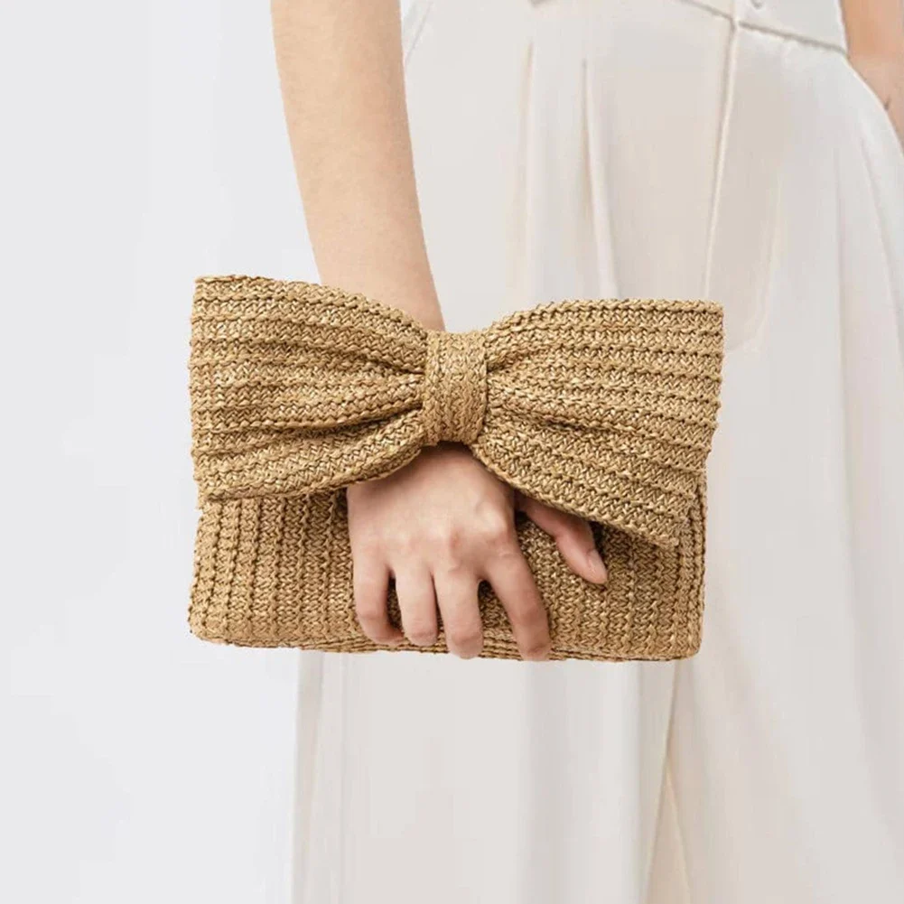 Fashion Women Straw Evening Bag Zipper Closure with Bow Straw Woven Handbag Versatile Female Party Wedding Bag