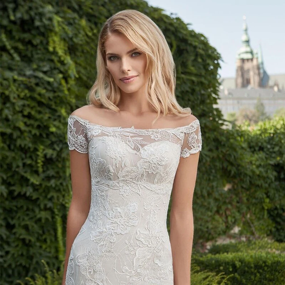 Nowoczesne suknie ślubne bez ramiączek z koronką 2025, suknie ślubne typu syrena dla kobiet, z krótkim rękawem, z odkrytymi ramionami, Vestido De Novia 2025